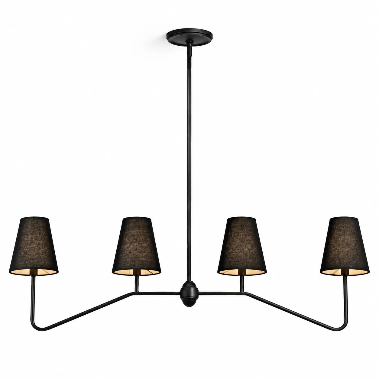 Marlowe four-light iron chandelier with black fabric shades on white background