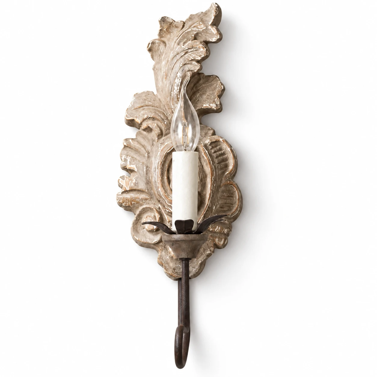 Clara American-classic wood and iron wall sconce on white background
