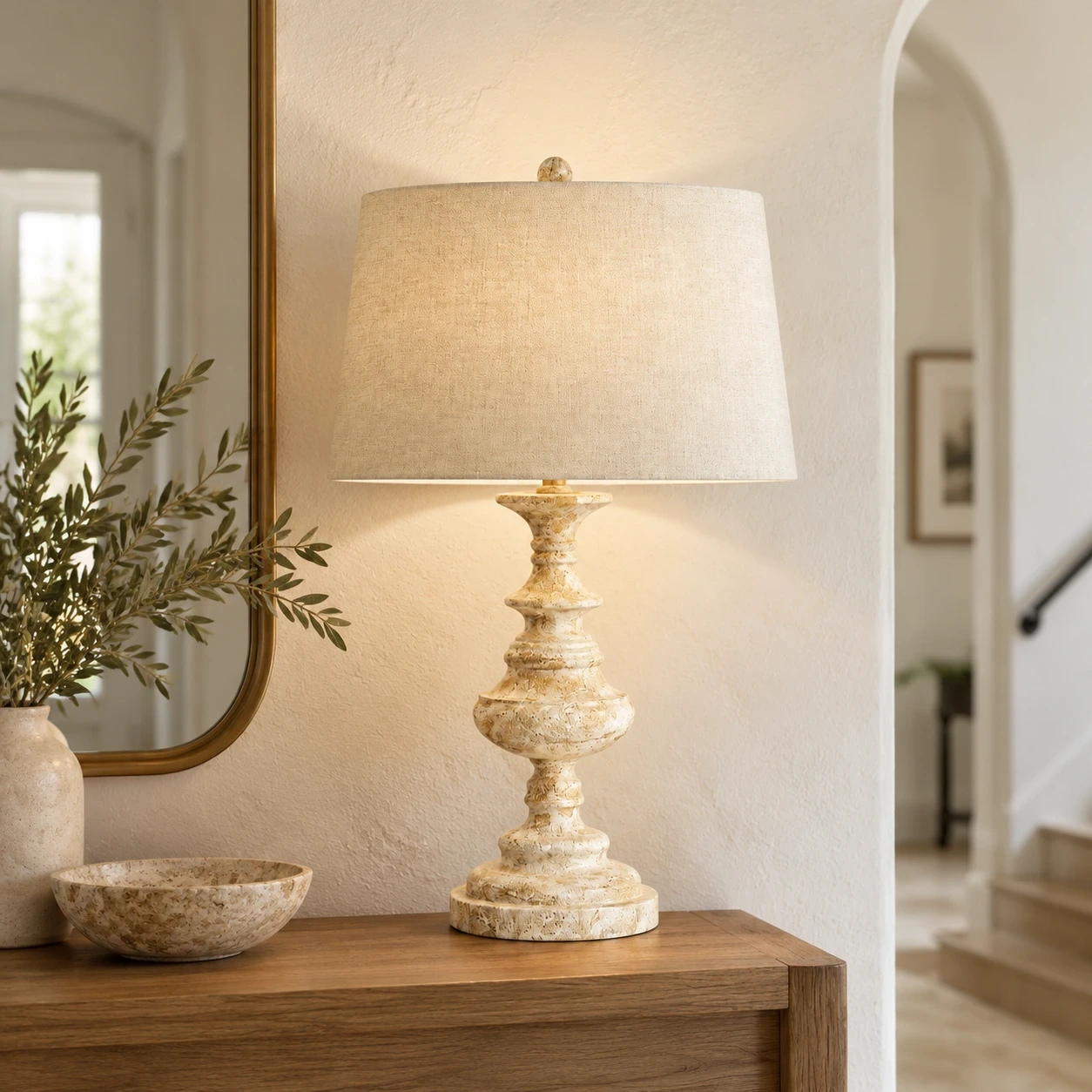 Theo Vintage Bedside Walnut Wood and Metal Table Lamp in a bright entryway