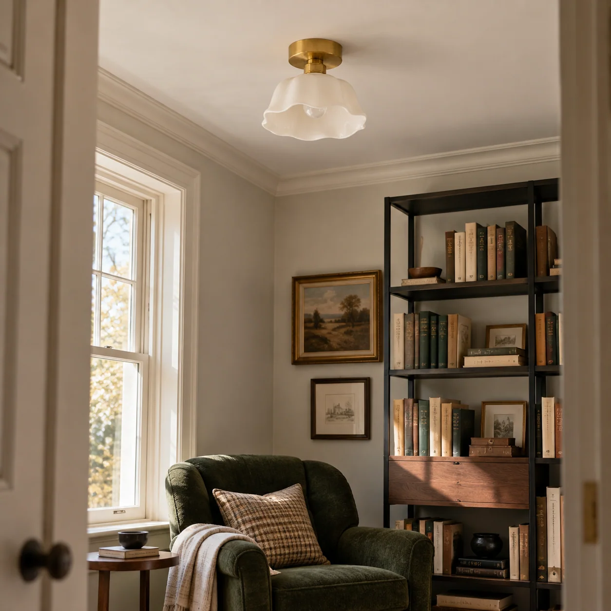 White ceramic flower flush mount in a reading room