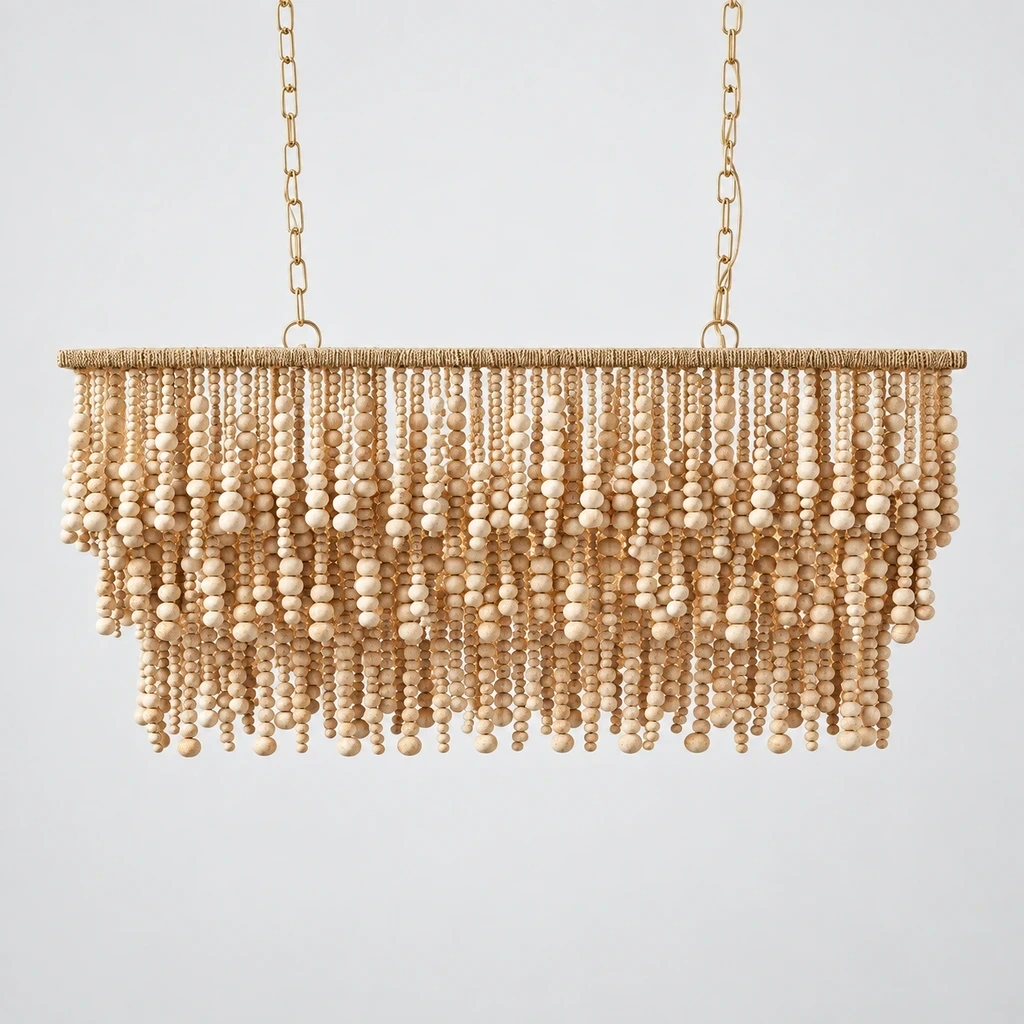 French Bohemian Natural Wood Bead Chandelier switched off in a neutral studio