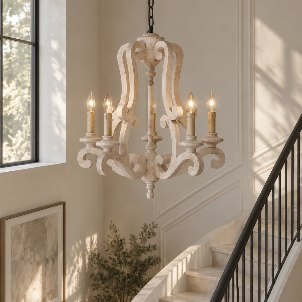 Beatrice chandelier high in a tall stair hall