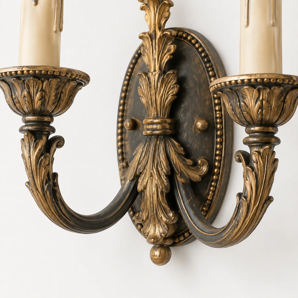 Close detail of lower leaf ornament, center finial and curved arm junction