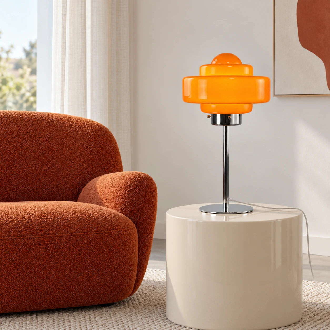 Orange glass table lamp in a room