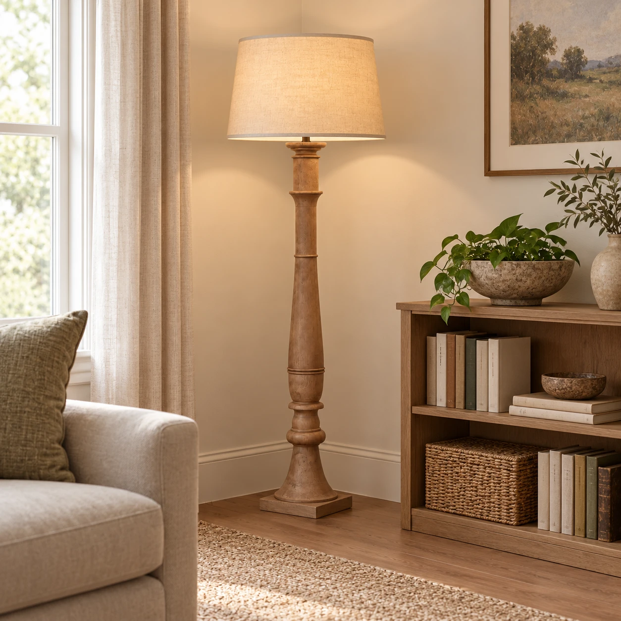 Vera Rustic Carved Wood Floor Lamp in a residential interior