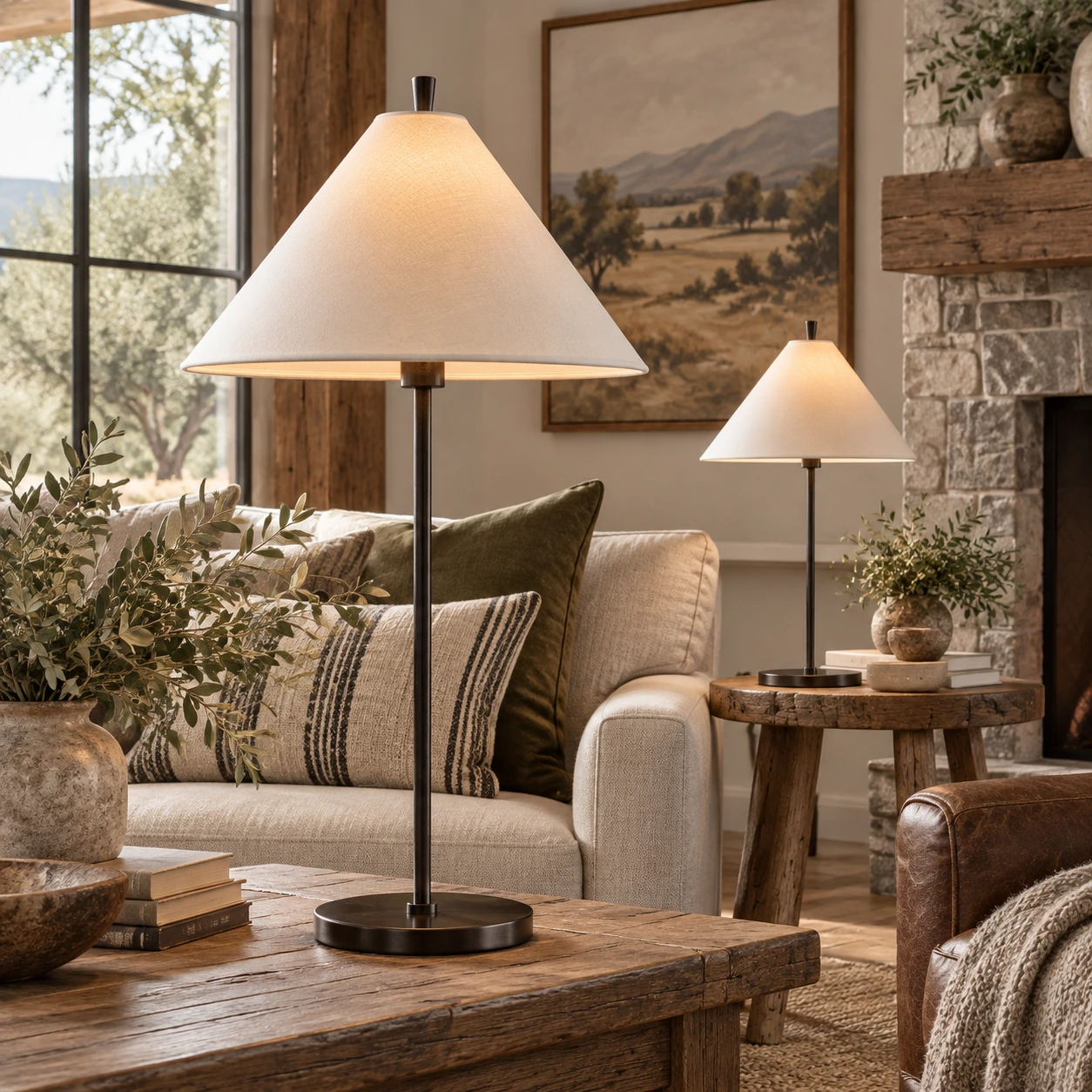 Cone shade table lamps in a living room
