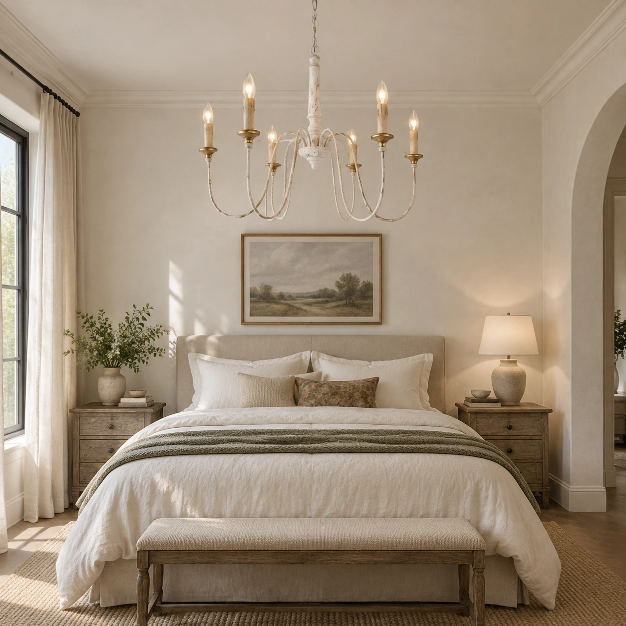 French Country chandelier above a bedroom