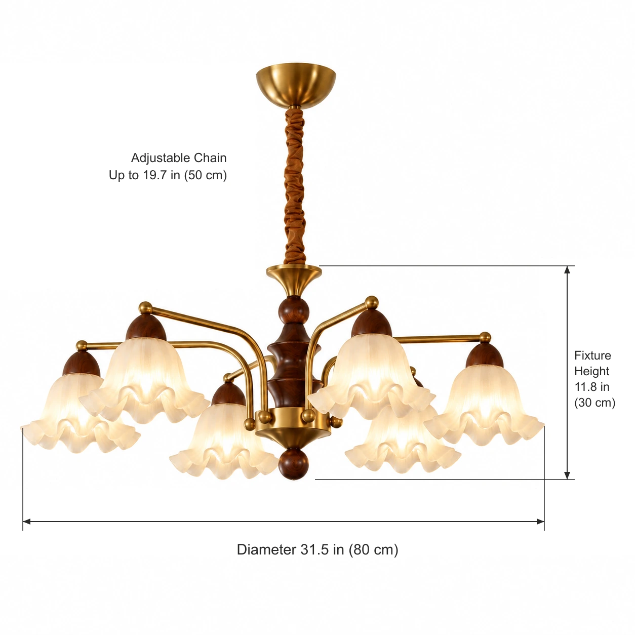Elara Vintage Branched Walnut Wood Chandelier — 80 cm diameter × 30 cm body height; 12 cm canopy; adjustable chain up to 50 cm