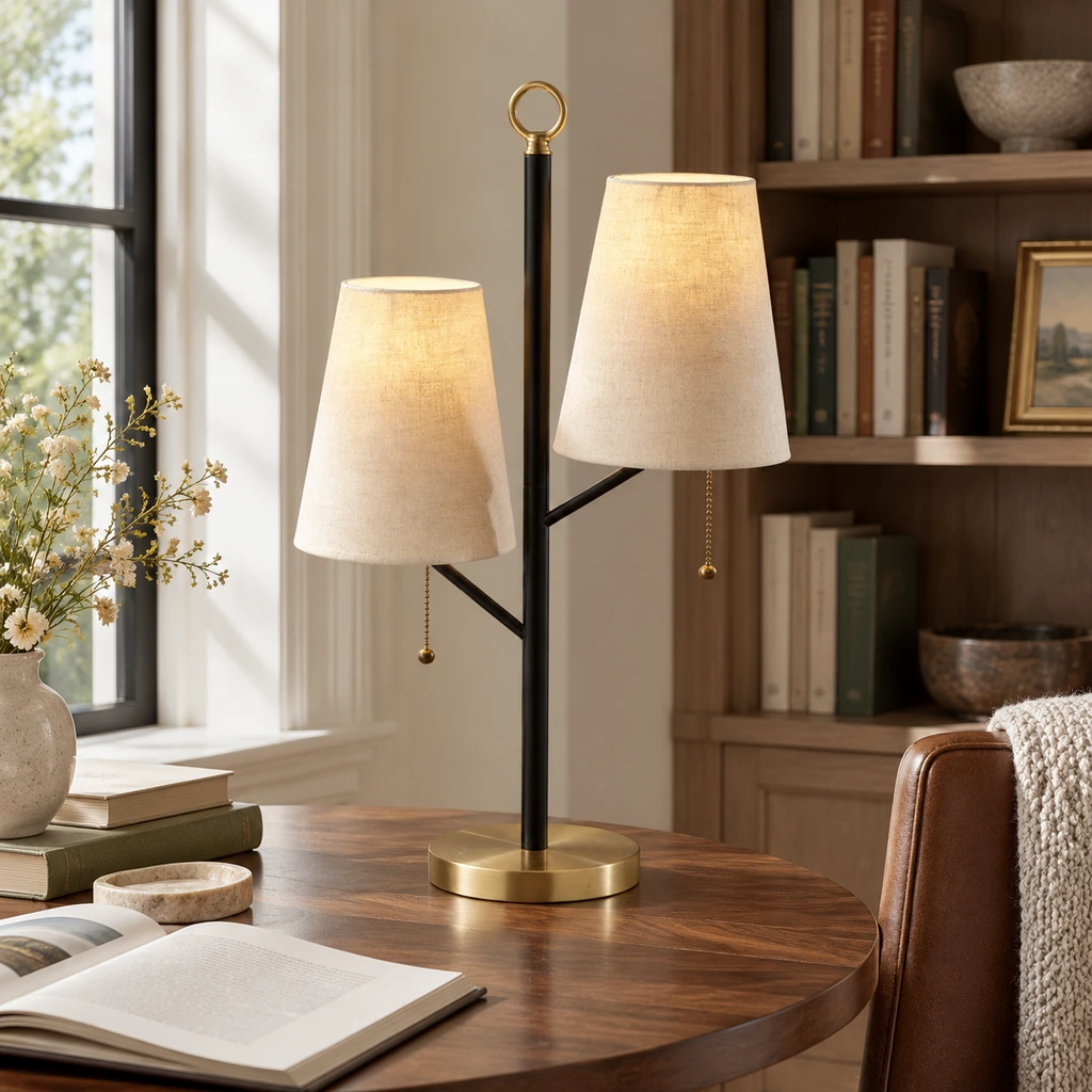 Modern metal flush-mount ceiling light installed in a library nook