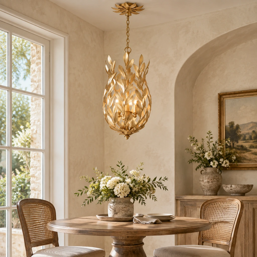 Aurelia leaf cage pendant light installed above a dining table