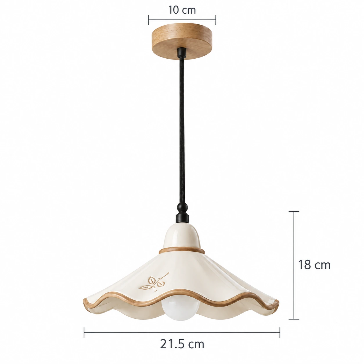 Eliseo French Vintage Scalloped Ceramic and White Ash Wood Pendant Light verified dimensions
