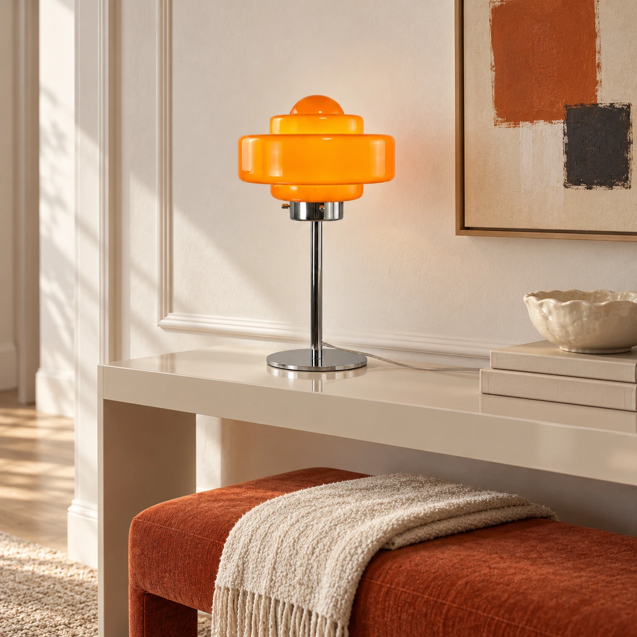 Orange glass table lamp on a console