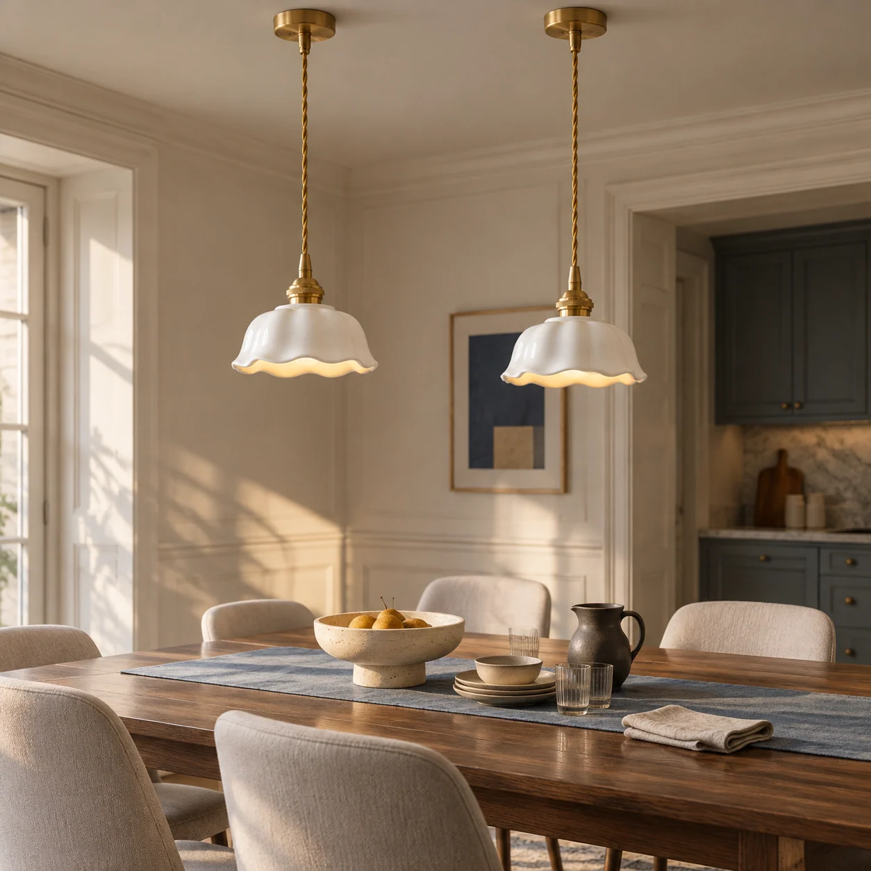 Two matching flower pendants over a dining table