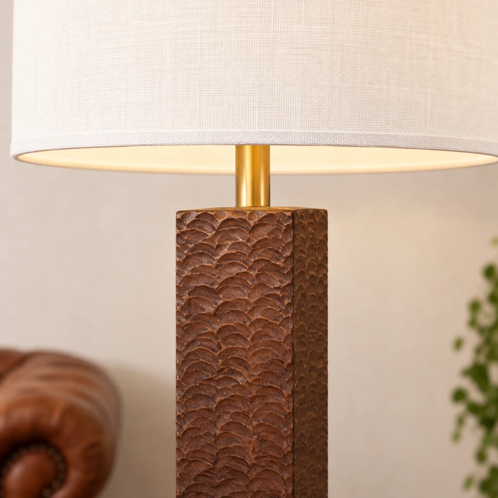 Close detail of Nora fabric shade and brass neck