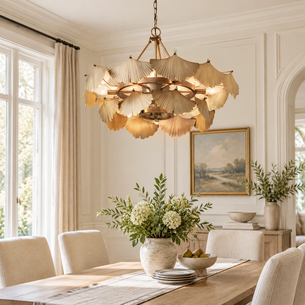 Lina vintage-copper ginkgo-leaf chandelier installed above a dining table