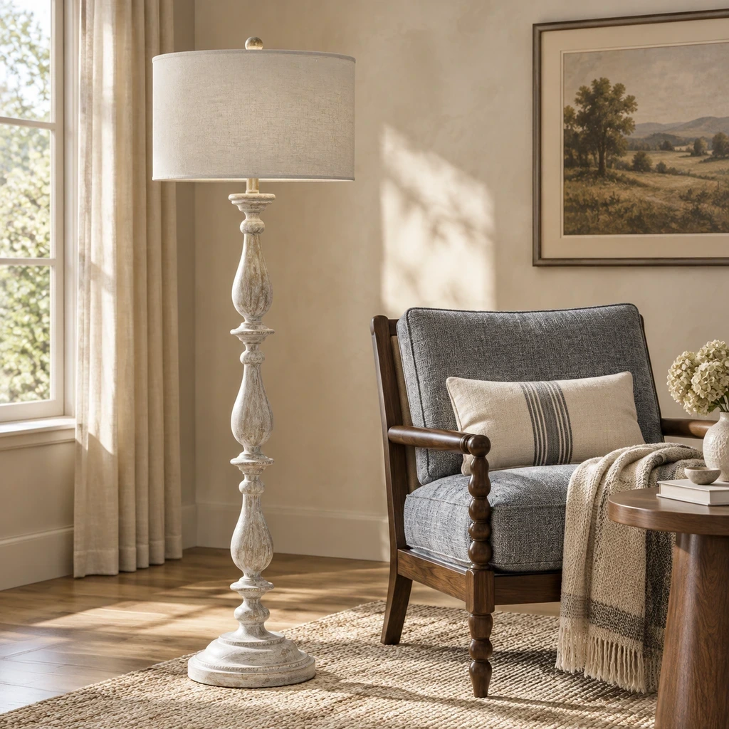 French Rustic Carved Wood Floor Lamp above a warm walnut console