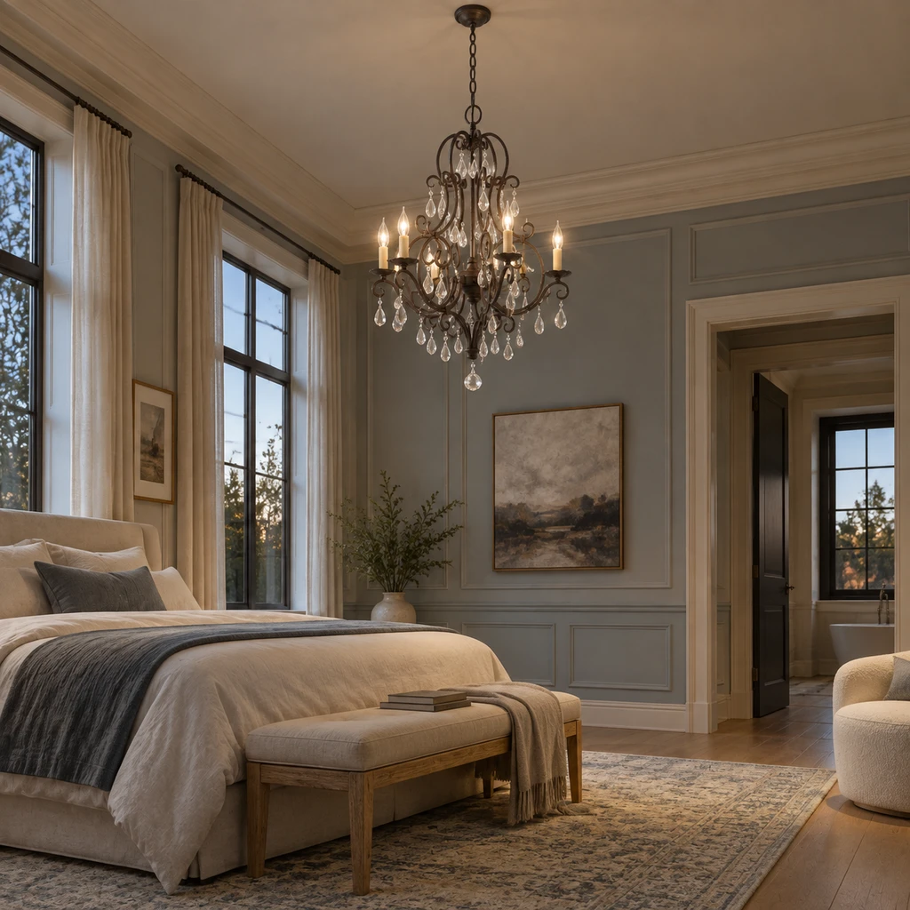 Amelie crystal chandelier high over a bedroom foot area