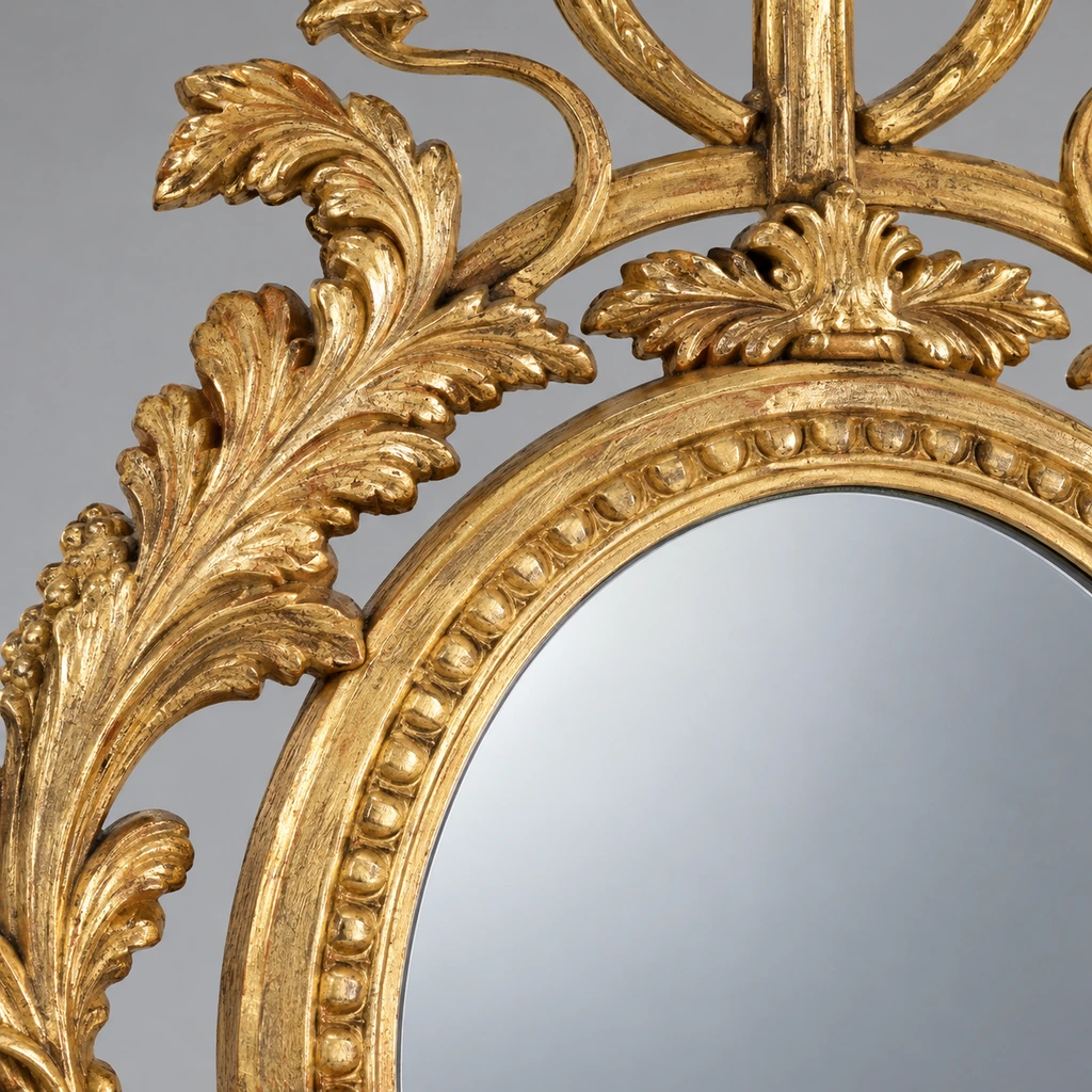 Close detail of carved oval mirror frame and gold finish