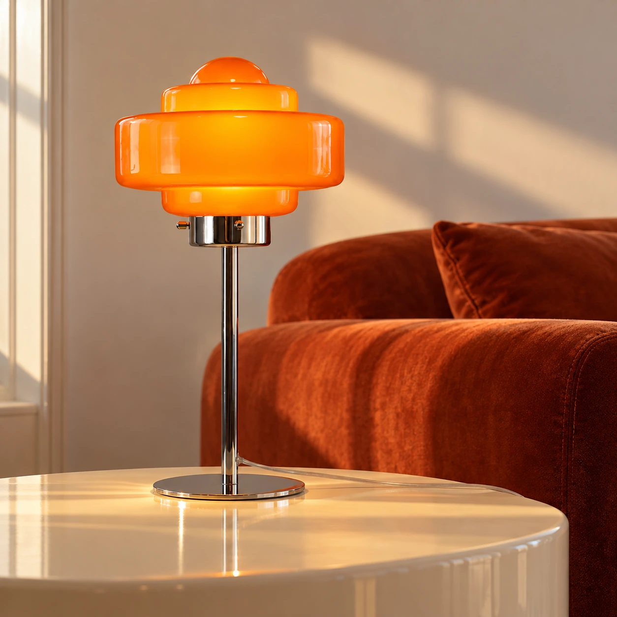 Orange glass table lamp, low view