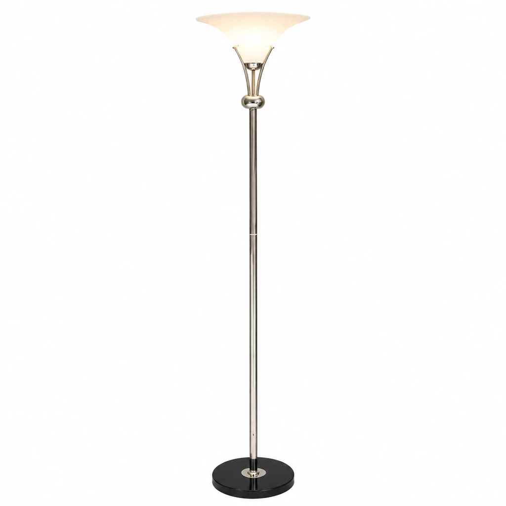 Complete floor lamp with upward bowl shade and black base on white