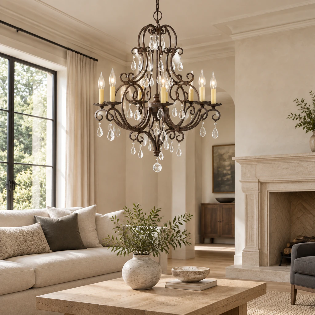 Amelie crystal chandelier in a living room