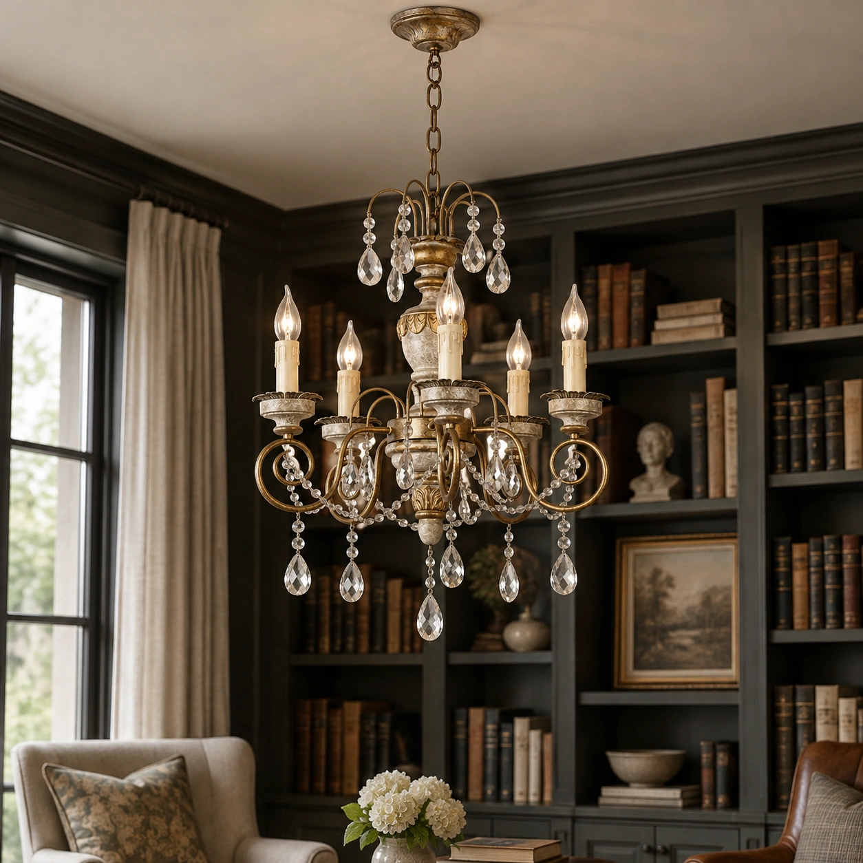 Edward five-light iron and crystal chandelier scene 05 library