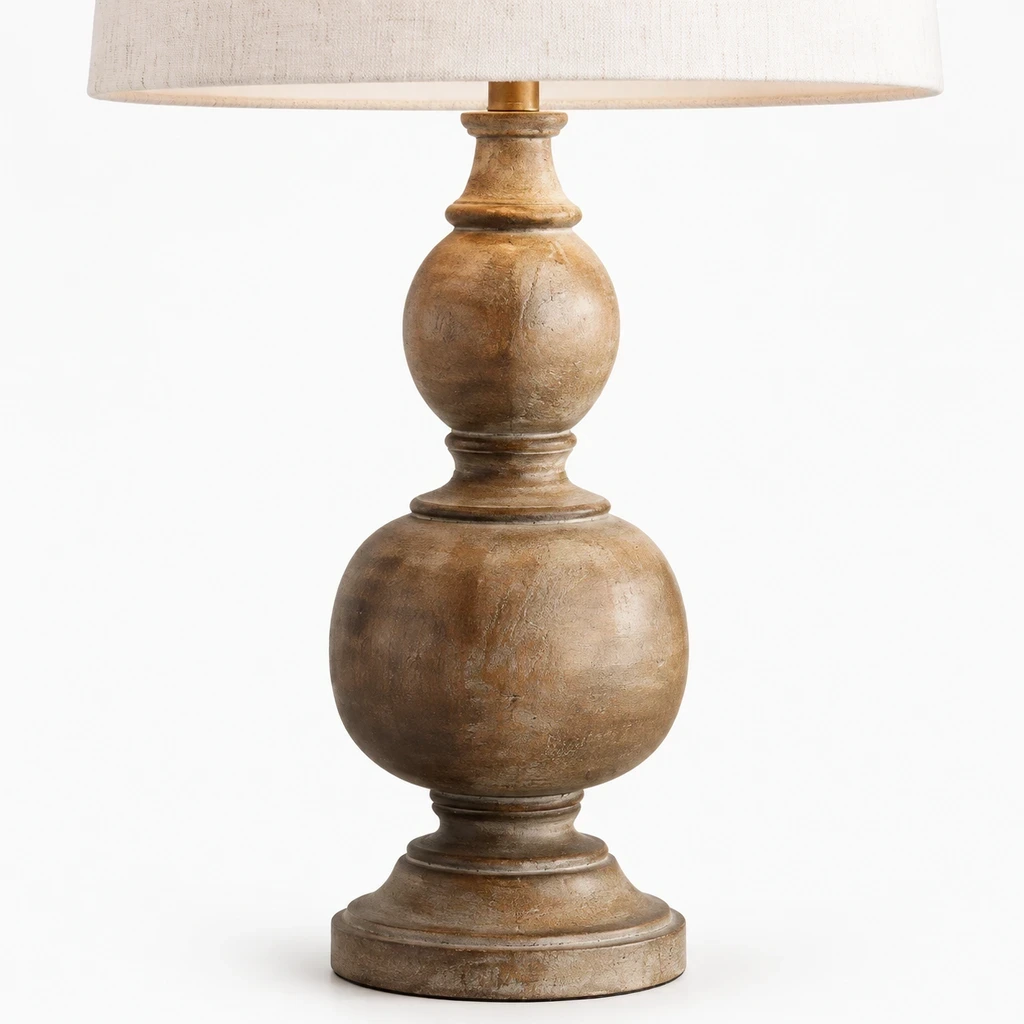 Close detail of the twisted carved wood column, turned collar and round base
