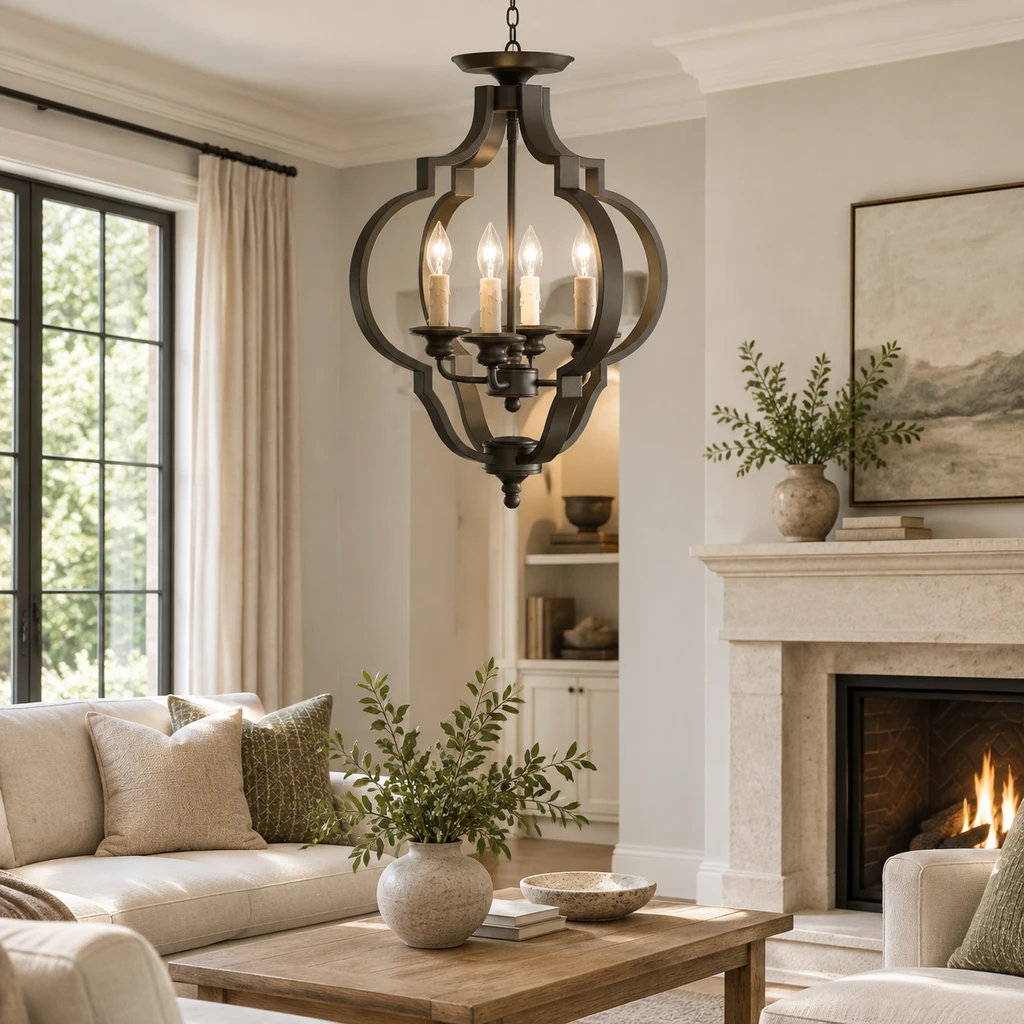 Ridgeway lantern chandelier in a neutral living room