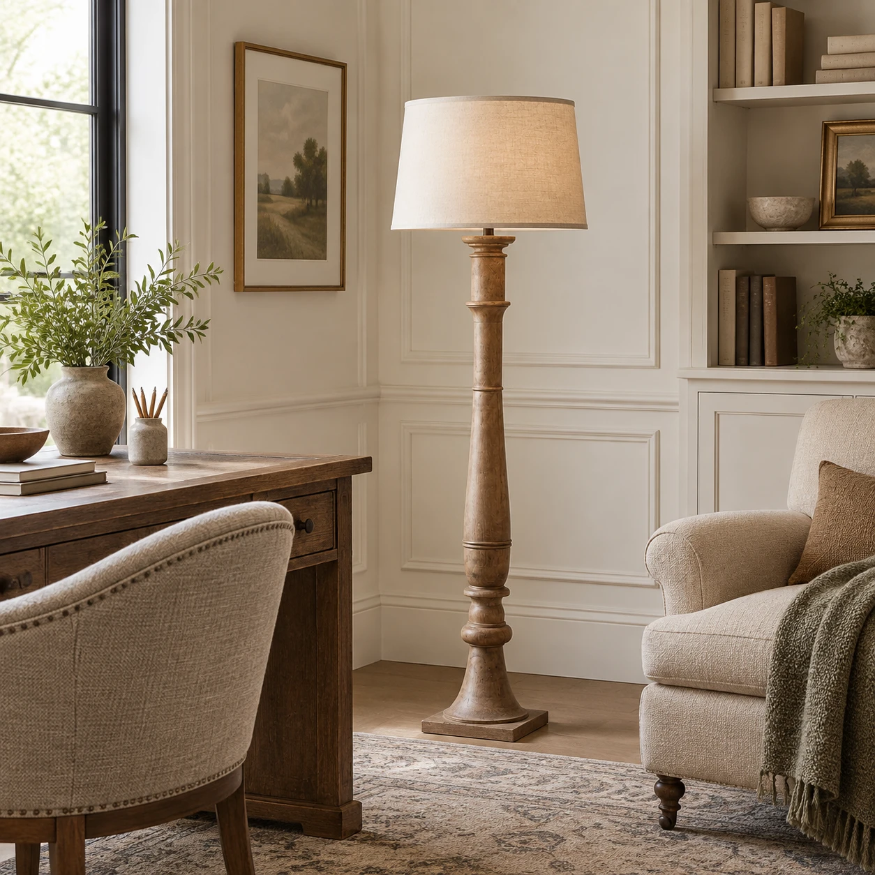 Vera Rustic Carved Wood Floor Lamp in a residential interior