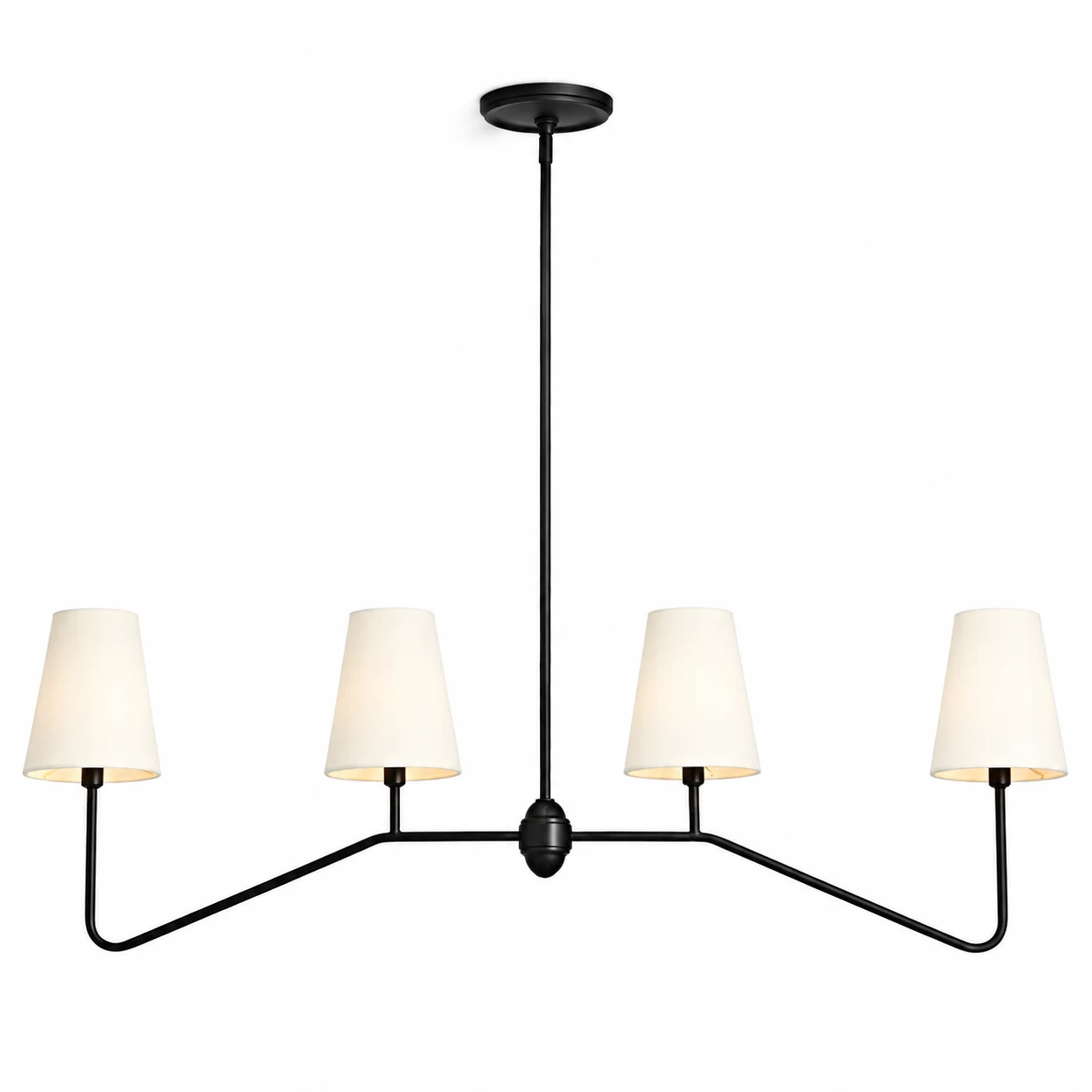 Marlowe four-light iron chandelier with white fabric shades on white background