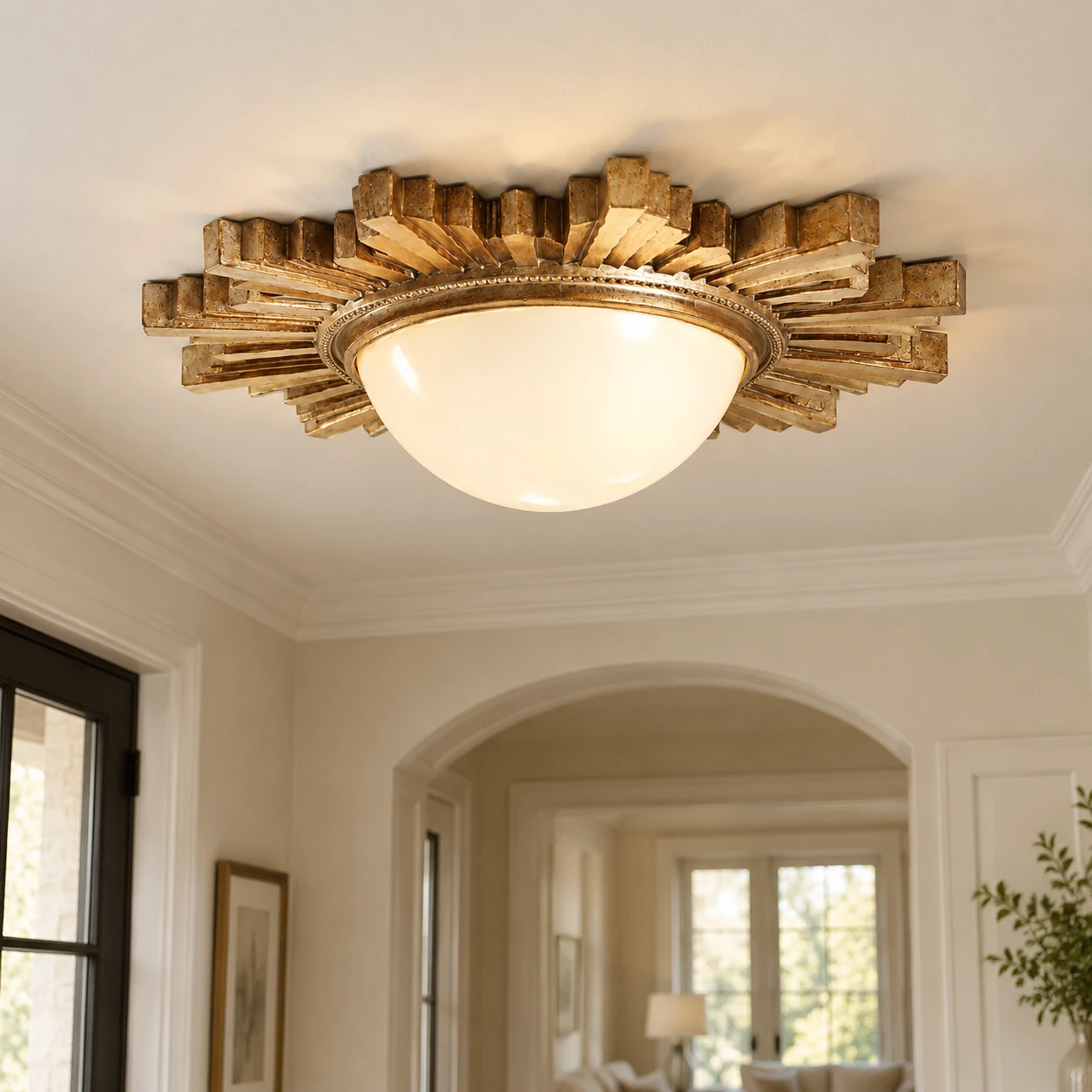 Elodie French Crystal Wood Ceiling Light in a residential interior