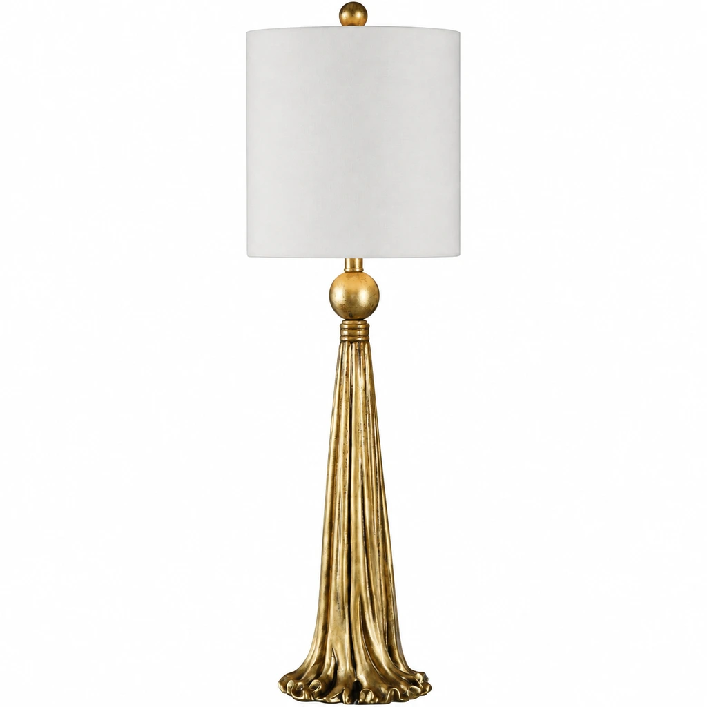 Carved gold table lamp on white background