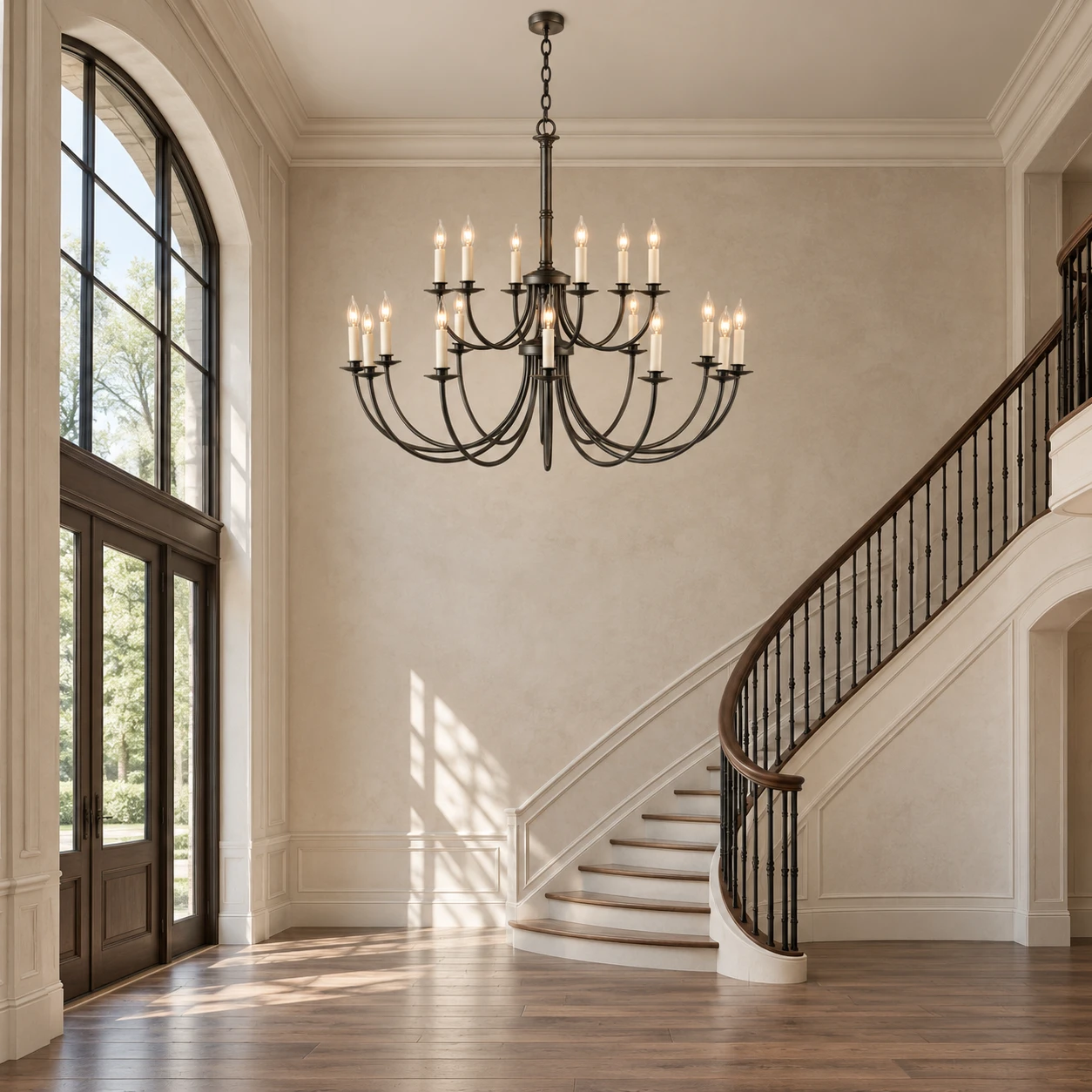 Iris European 18-Light Iron Chandelier in a residential interior
