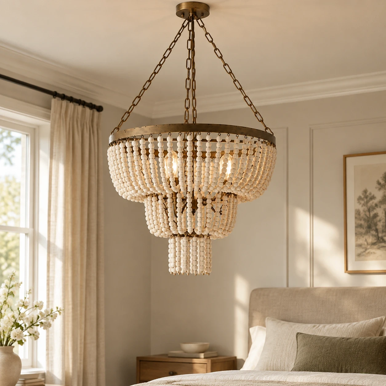 Sofia Vintage Minimal Walnut Wood and Metal Pendant Light in a bright bedroom