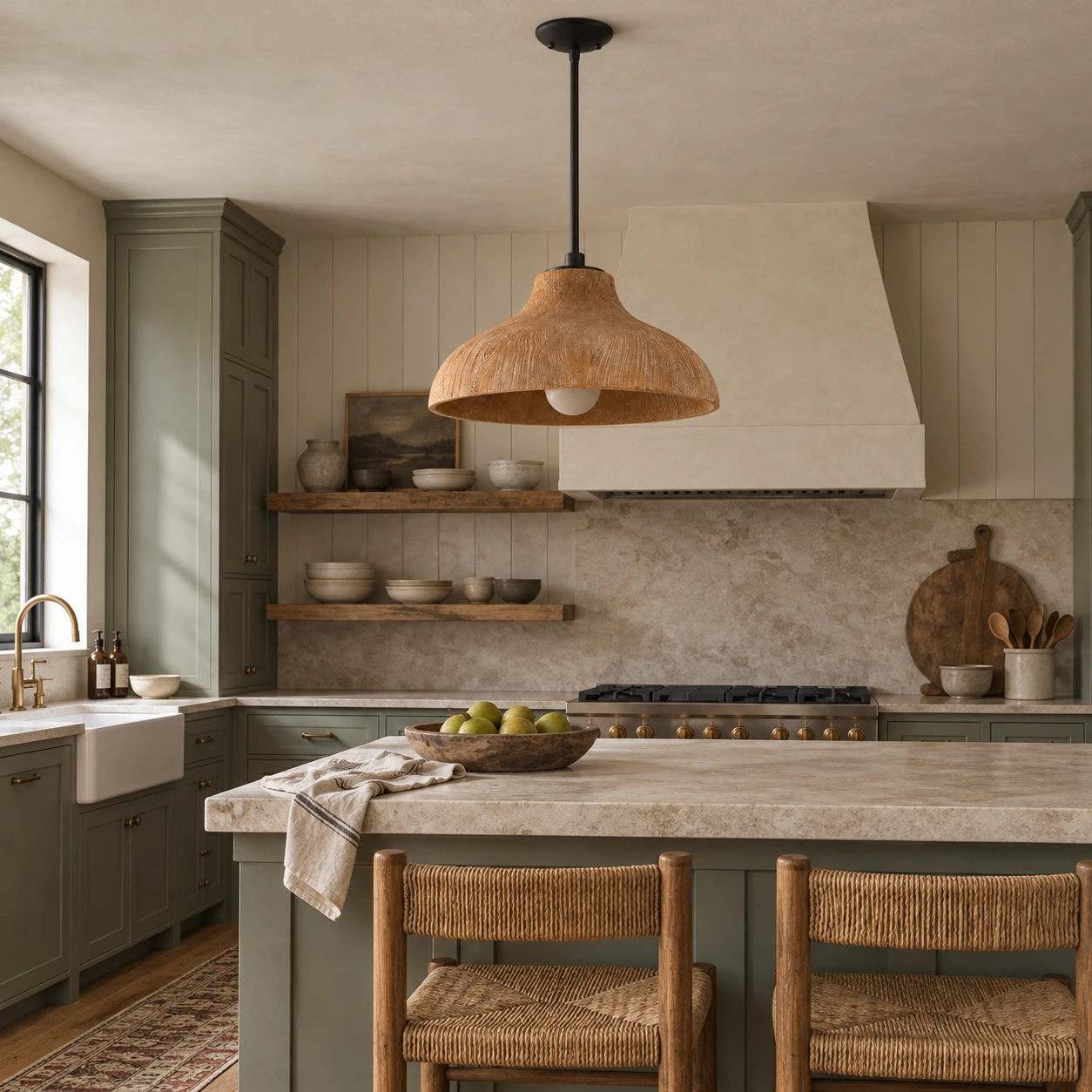 Aged wood pendant light in a painted kitchen