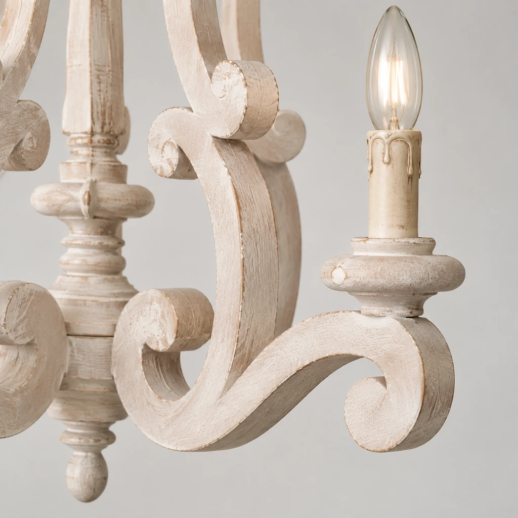 Close detail of a carved scroll arm and candle-style socket