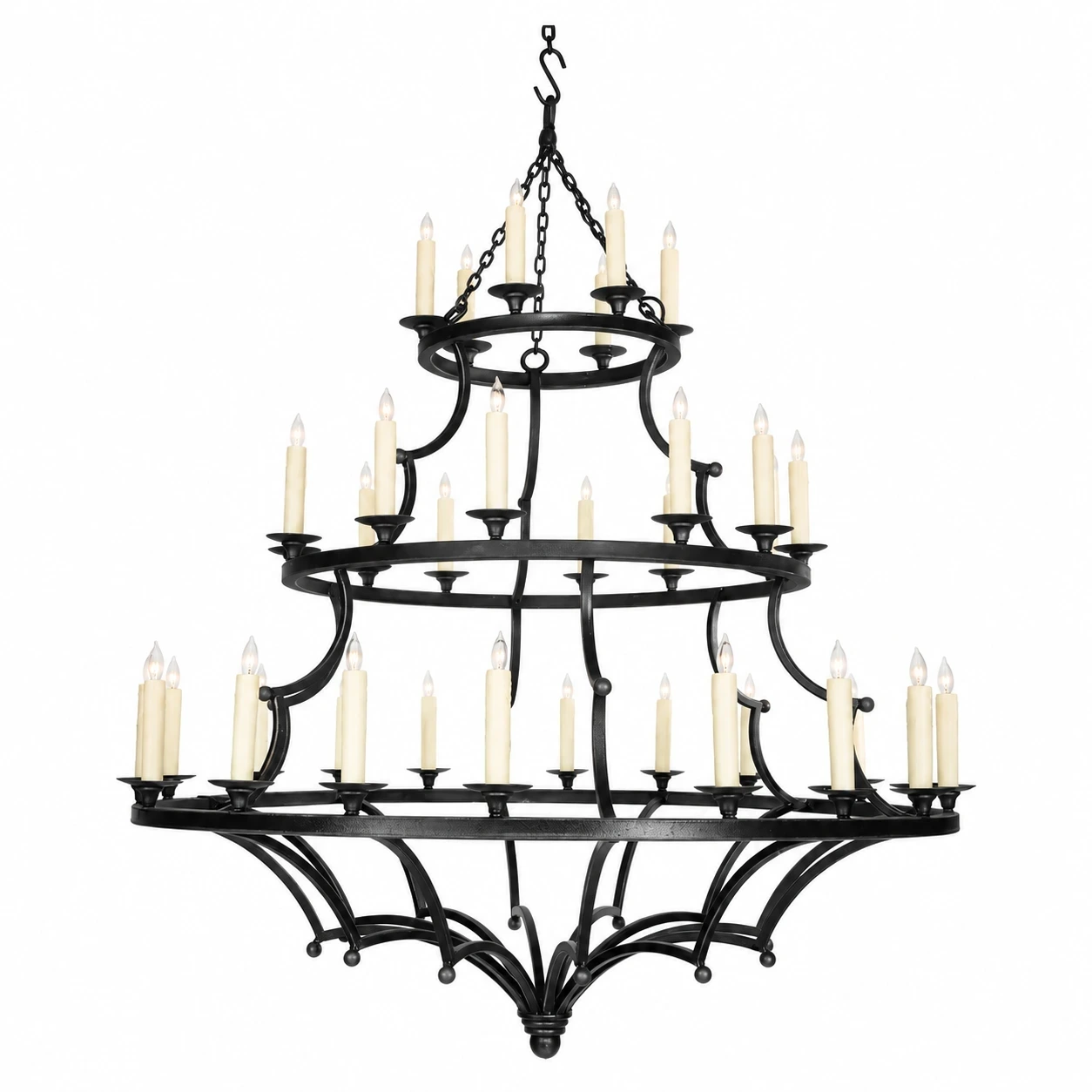 Large 36-head European Rustic Three-Tier Iron Chandelier on white background