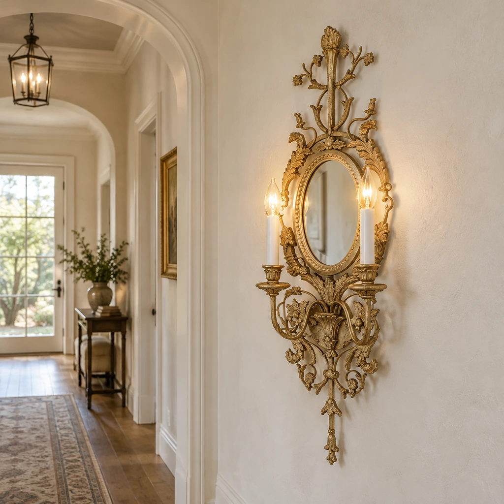 Ornate mirror wall sconce in a tall hallway scene