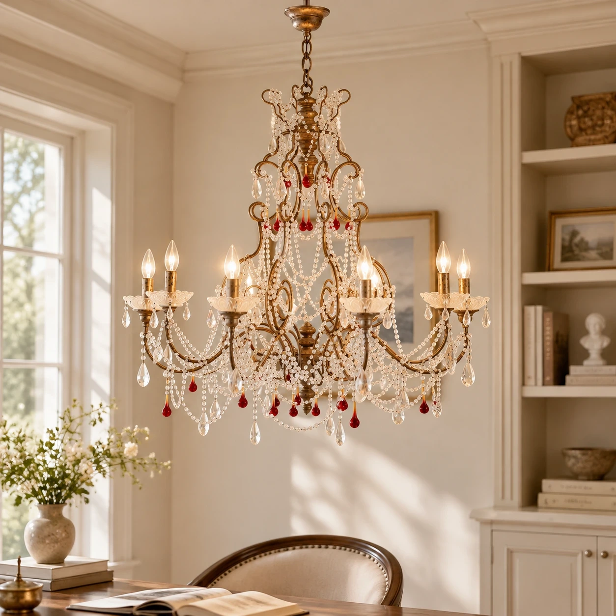 Julian American Rustic Faceted Crystal and Metal Pendant Light in a bright study nook