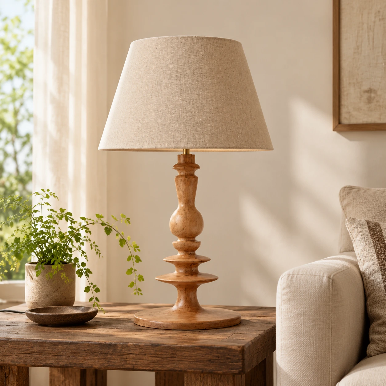Rustic wooden table lamp in an entry or bedside setting