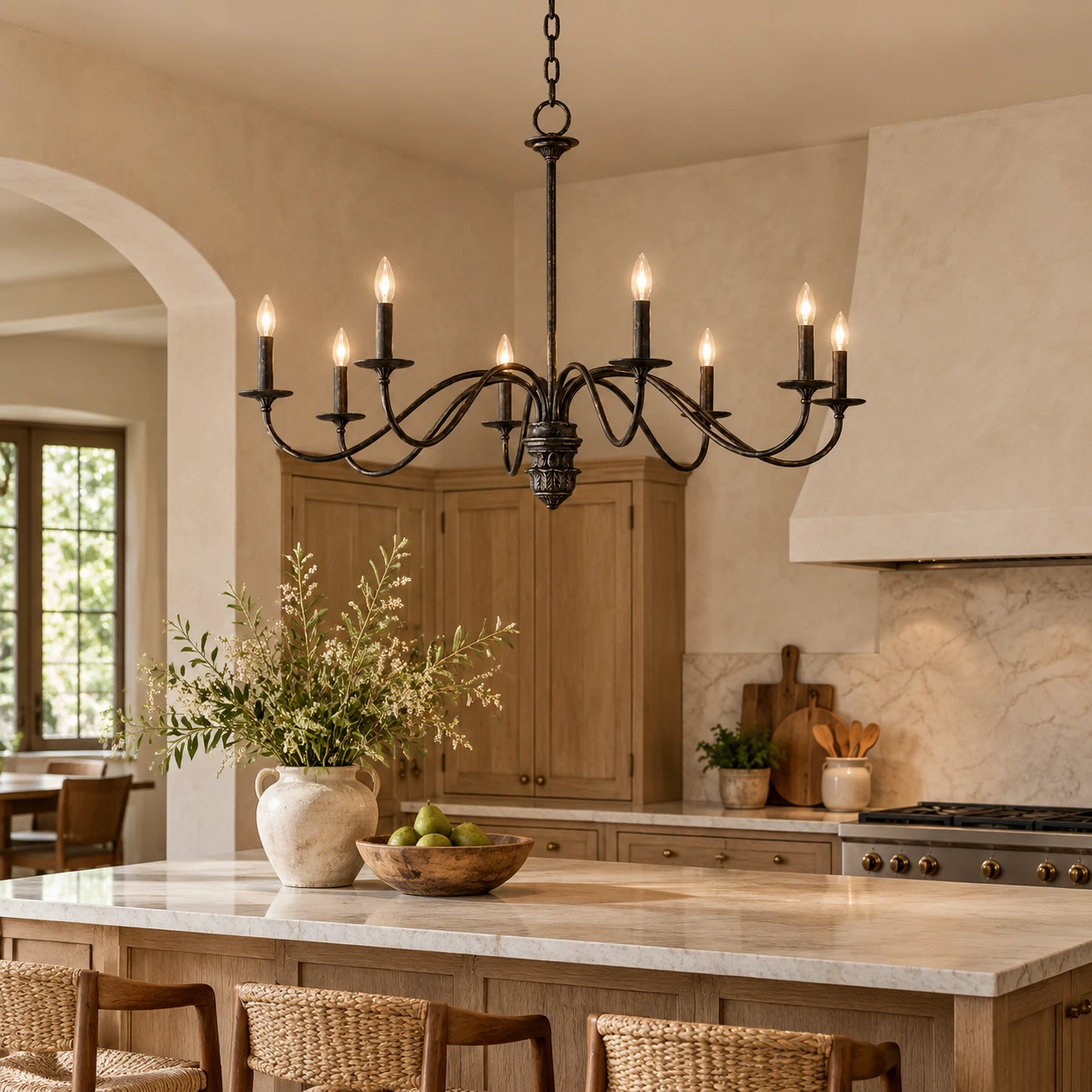 Avery Vintage Carved Wood Chandelier in a residential interior