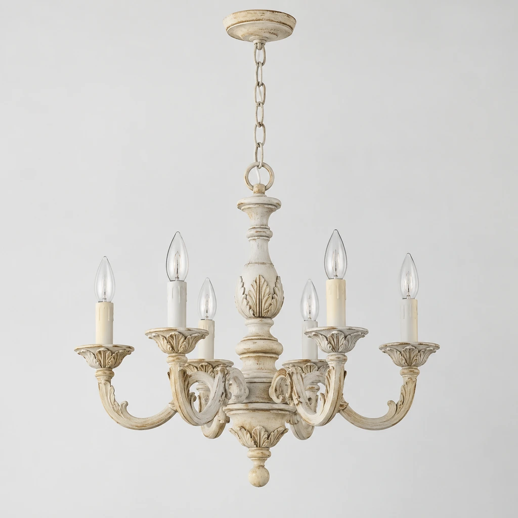 Valencia carved ivory candle chandelier switched off in a neutral studio