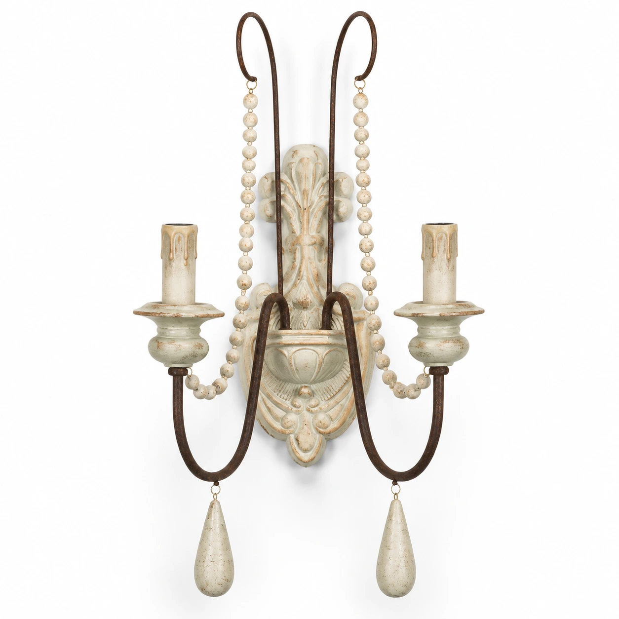 Mara Rustic Double-Arm Wood & Iron Wall Sconce — identity vintagewhite