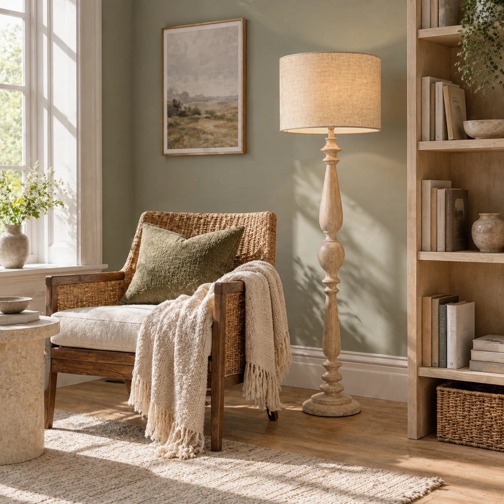 Hadley floor lamp lighting a reading corner