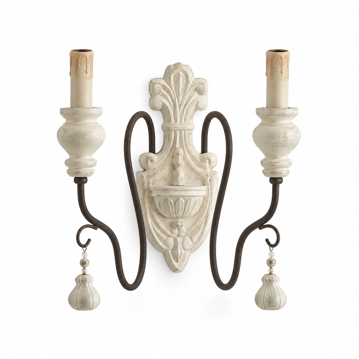 Mara Rustic Double-Arm Wood & Iron Wall Sconce — identity white