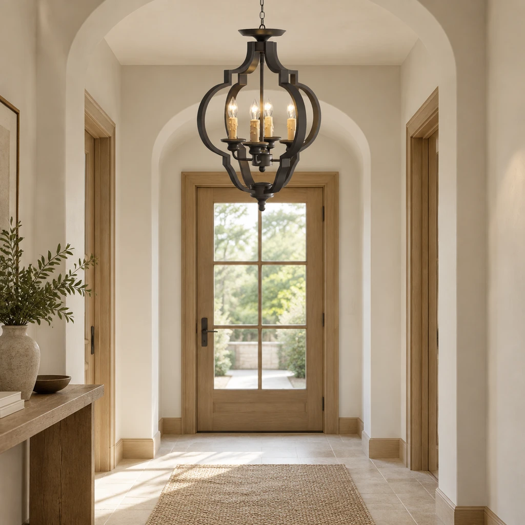 Ridgeway lantern chandelier in a limestone foyer
