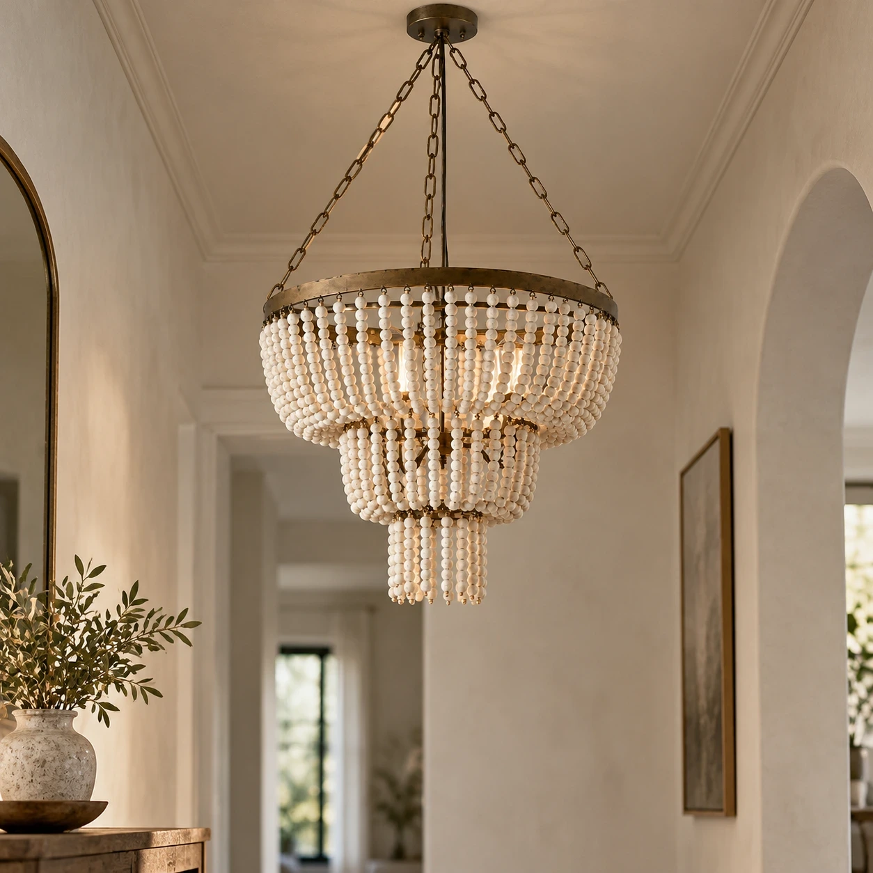 Sofia Vintage Minimal Walnut Wood and Metal Pendant Light in a refined boutique hallway