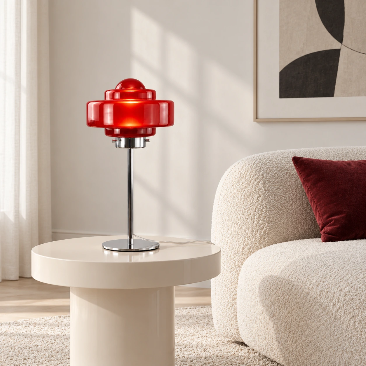 Red glass table lamp in a living room