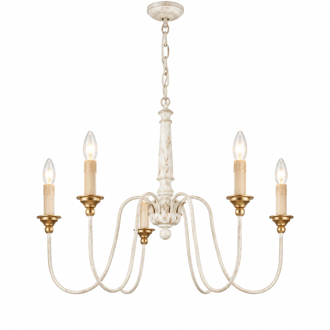 Distressed white wood chandelier structure and candle-style arms