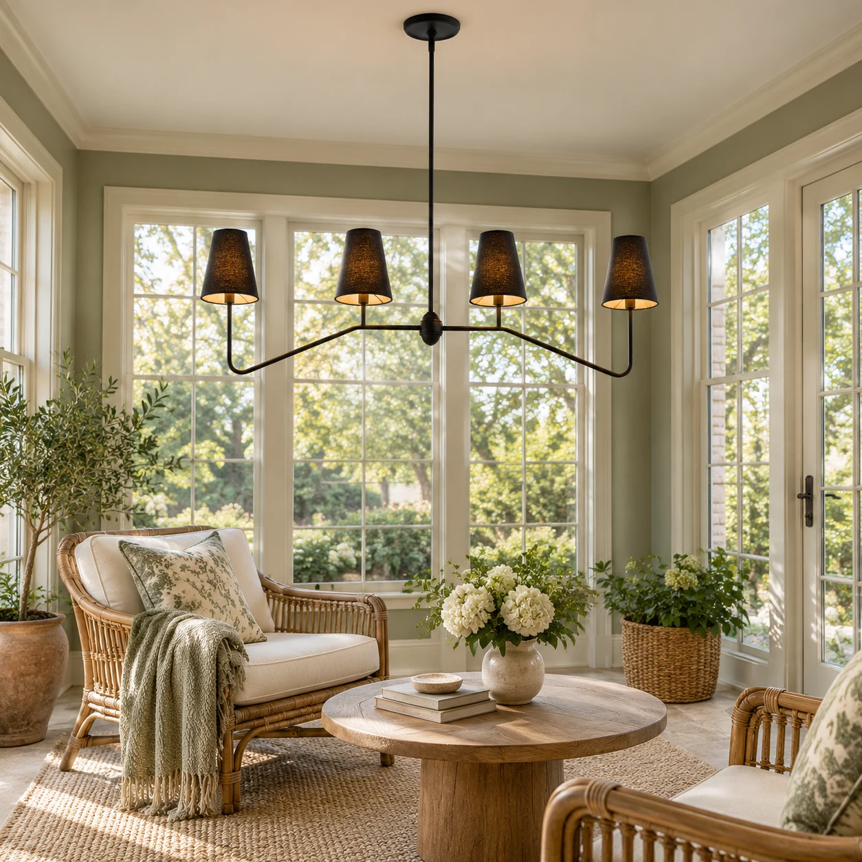 Black-shade four-light iron chandelier in an American sunroom seating area